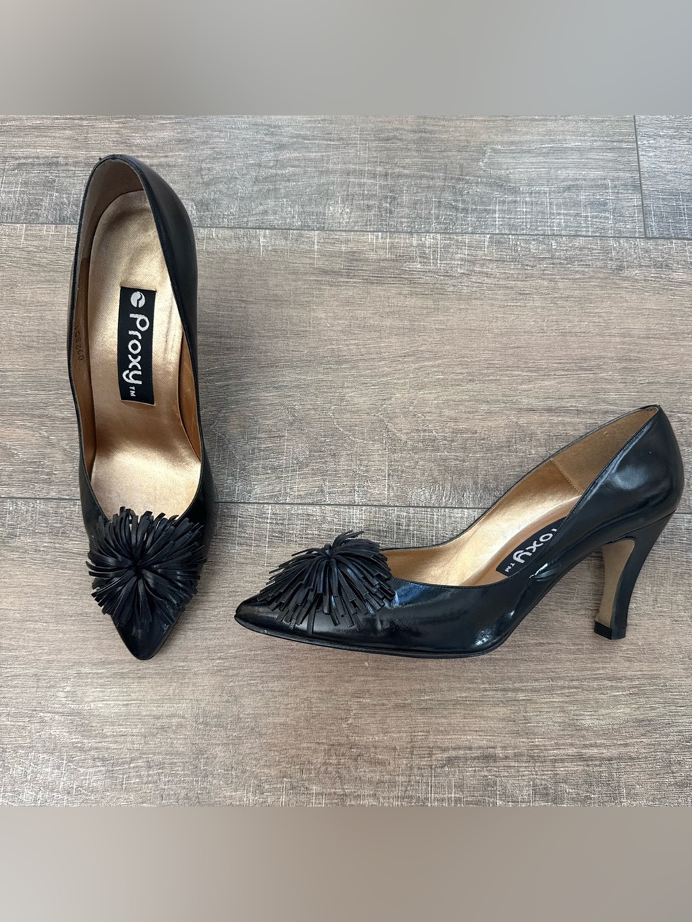 Vintage Proxy Black Leather Fringe Pom Pom Heels 9.5